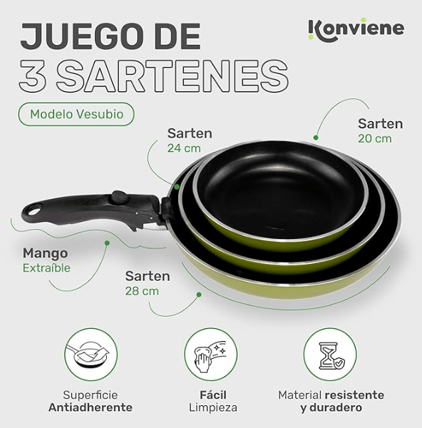 Juego de 3 Sartenes Antiadherentes - Konviene